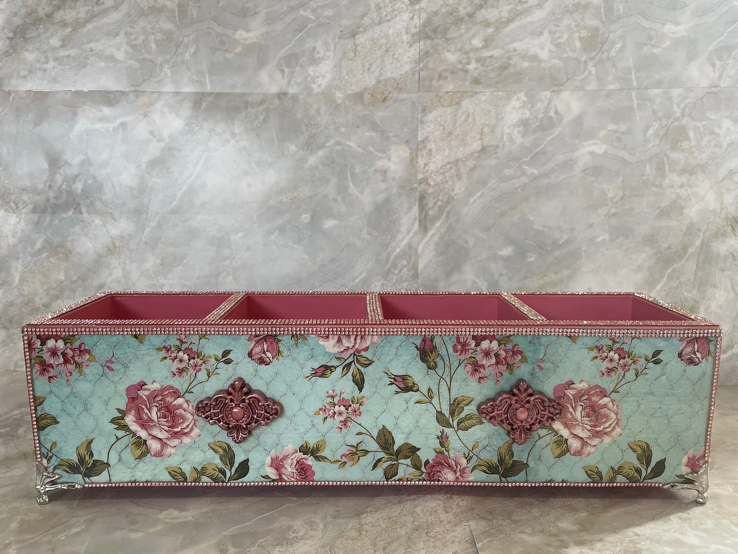 Floral Wood Organizer with Pink Accents
